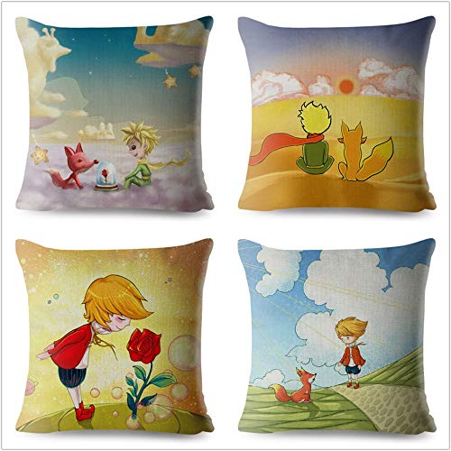 Yqs Funda de Cojín 45 * 45cm Beige de Lino del Amortiguador de la Cubierta Francia Animado El Principito Fox Imprimir Fundas de Almohada decoración Cojines Casos (Color : 7, Size : 450mm*450mm)
