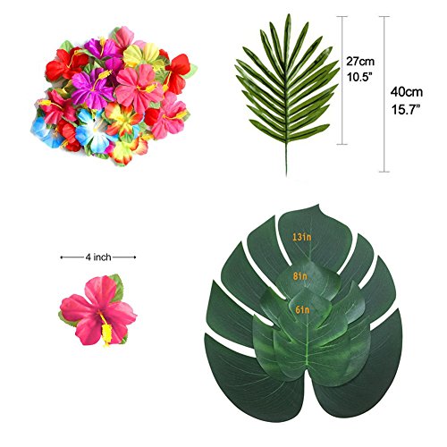 Yuccer 48 Piezas Decoraciones de Fiesta Tropical, Hojas de Palma Monstera Artificial Tropical y Flores Hibiscus para Decoración de Fiesta Hawaiana Luau Selva Temática de Playa