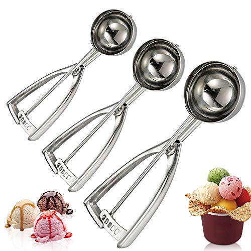 Yuknees Cucharas de Helado,3Pcs con Disparador 304 Acero Inoxidable Cuchara de Helado,Dosificador Racionador Helado,para Helado y Fruta,Galleta, Masa,Bolas de Carne