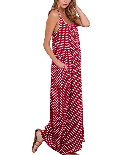 ZANZEA Mujeres Elegante Bohemio Algodón Casual Vestido Suelto Largo Playa Lunares Cuello V sin Mangas Rojo EU 46