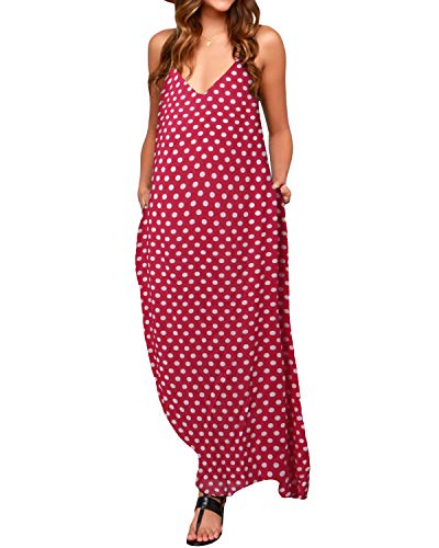ZANZEA Mujeres Elegante Bohemio Algodón Casual Vestido Suelto Largo Playa Lunares Cuello V sin Mangas Rojo EU 46