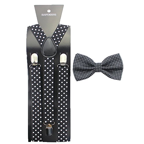 1 Conjunto Tirantes Y Pajarita Elástico Ajustable Para Hombre Con 3 Clips De Ancho 2.5 CM (negro lunares)