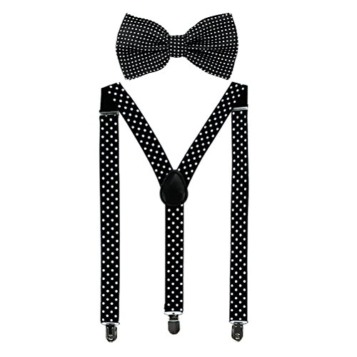 1 Conjunto Tirantes Y Pajarita Elástico Ajustable Para Hombre Con 3 Clips De Ancho 2.5 CM (negro lunares)