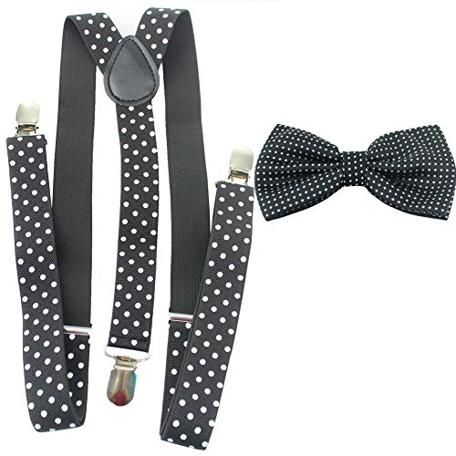 1 Conjunto Tirantes Y Pajarita Elástico Ajustable Para Hombre Con 3 Clips De Ancho 2.5 CM (negro lunares)