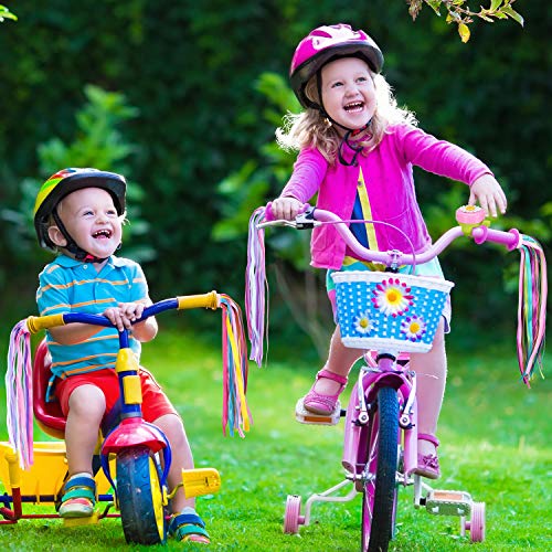 1 Pieza Campana de Bicicleta de Niños Niñas Campana de Bicicleta de Rosa Blanca Amarilla Flor con 3 Pares Serpentinas de Bicicleta Coloridas de Manillar de Niños Cintas de Borlas de Bicicleta