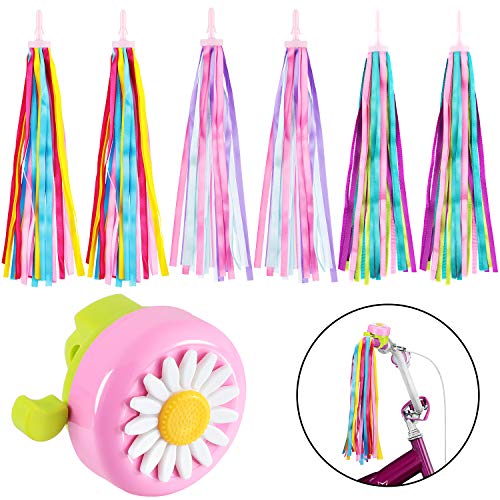 1 Pieza Campana de Bicicleta de Niños Niñas Campana de Bicicleta de Rosa Blanca Amarilla Flor con 3 Pares Serpentinas de Bicicleta Coloridas de Manillar de Niños Cintas de Borlas de Bicicleta