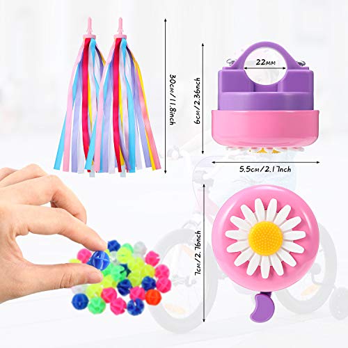 1 Timbre de Bicicleta de Niños, 1 Par de Serpentinas de Bicicleta y 36 Cuentas de Radio de Bici, Anillo Timbre de Girasol, Cinta de Borla Colores, Cuenta de Rueda para Accesorios de Bicicleta de Niños