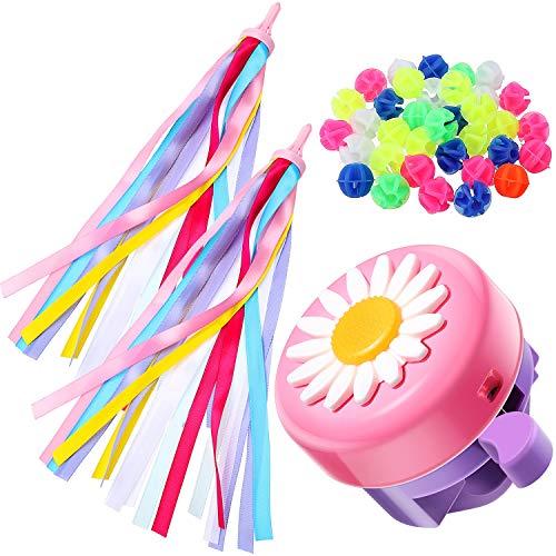 1 Timbre de Bicicleta de Niños, 1 Par de Serpentinas de Bicicleta y 36 Cuentas de Radio de Bici, Anillo Timbre de Girasol, Cinta de Borla Colores, Cuenta de Rueda para Accesorios de Bicicleta de Niños