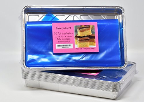 10 bandejas de hornear de aluminio, tamaño grande reciclable (30,5 x 20 cm) + 2 mangas pasteleras desechables de 53 cm gratis 