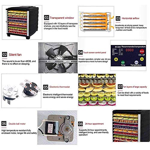 10 Capas deshidratador de alimentos máquina de fruta y carne Secadora, acero inoxidable de las frutas, verduras, cecina 100% BPA, pantalla LED, 24 Hr temporizador digital, vidrio templado puerta 110V