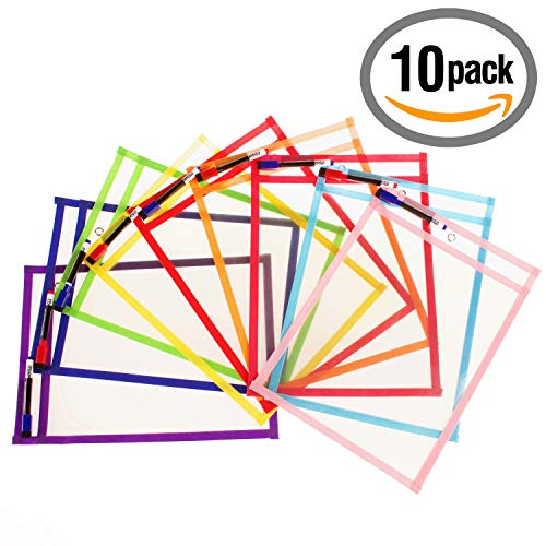 10 Fundas Fichas Reutilizables Papel A4 | Dry Erase Pockets Grandes 36x26cm | PET Reciclable Ecológico | 10 Colores,10 Rotuladores,2 Borradores,2 Globos | Material Escolar,Colegio,Guardería,Ludoteca