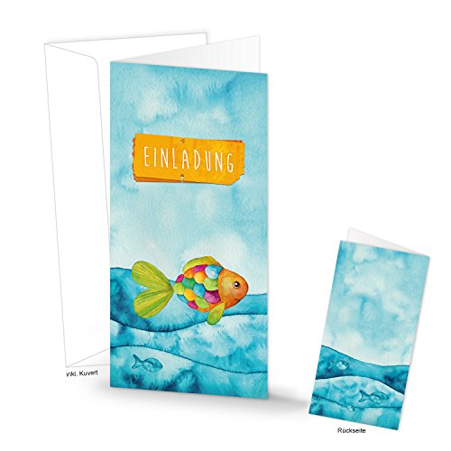 10 Kleine marrón de bolsas de papel 14 x 22 x 5,6 cm + 10 Azul Turquesa arco iris de pescado Schön dass du da bist Pegatinas 5 x 15 cm del paquete de Give Away
