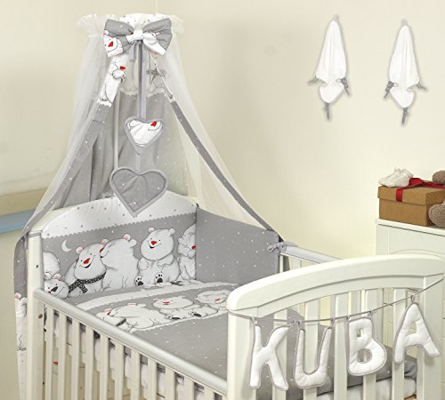 10 Piezas Juego de Ropa de Cama para Cuna 120 x 60 cm Bebé Edredón Dosel Protector Grey Teddies peluches Grises Ositos de Peluche Osos Polares