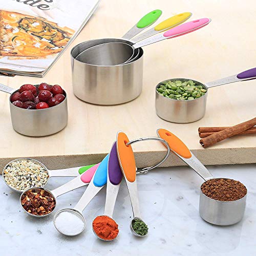 10 Piezas Tazas Medidoras Cucharas Medidoras Acero Inoxidable 18/8, 5 Tazas Medidoras + 5 Cucharas Medidoras Juegos de Cucharas Medidoras Silicona Antideslizante Utensilios de Cocina