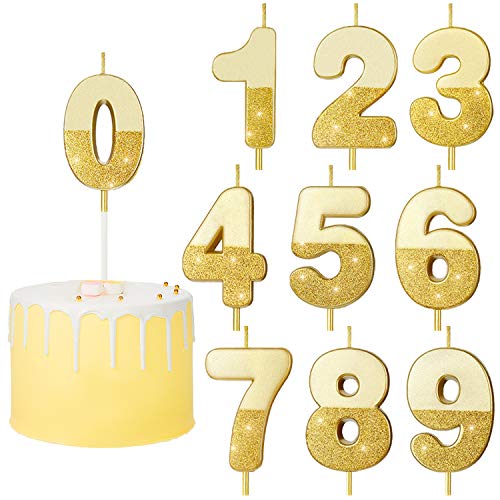 10 Piezas Velas Brillantes de Número Velas Doradas Número 0-9 Velas de Número de Cumpleaños Topper de Pastel para Fiesta Aniversario Cumpleaños