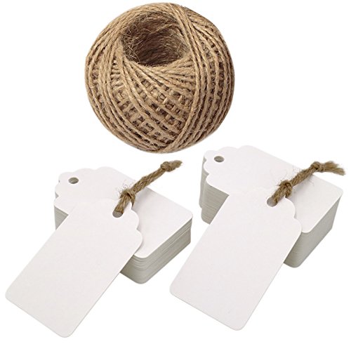 100 Etiquetas de Papel Kraft blanca Etiquetas de Regalo con 30 Metros de Cuerda de Yute para Boda Equipaje Decoración 7 x 4 cm blanco