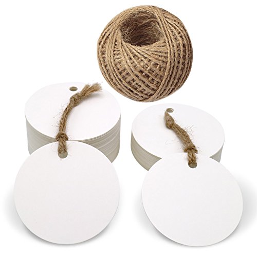 100 pcs Etiquetas Redondas Etiquetas Papel Kraft 5,5 cm Etiquetas de Regalo Blancas con Cuerda de Yute para Artesanales Precio Boda Bricolaje
