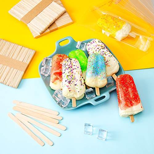 100 Piezas Bolsas de Popsicle Bolsas de Plástico de Polo Helado Transparente y 100 Palitos de Popsicle de Madera para DIY Hacer Helado