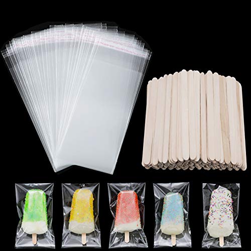 100 Piezas Bolsas de Popsicle Bolsas de Plástico de Polo Helado Transparente y 100 Palitos de Popsicle de Madera para DIY Hacer Helado
