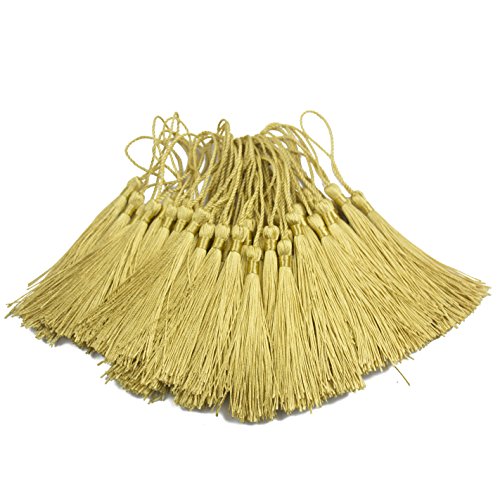 100pcs 13cm / 5 Pulgadas Seda Sedosa Marcapáginas Borlas con 2-Pulgadas Cord Loop y Pequeño Nudo Chino para la Fabricación de Joyas, Recuerdo, Marcadores, Accesorio del Arte de Bricolaje (Oro Ligero)