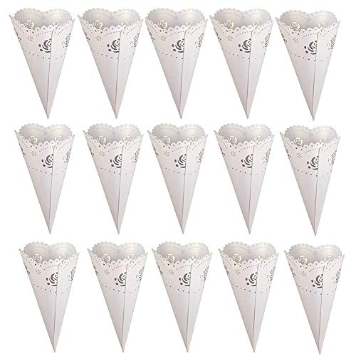 100PCS Conos Papel Arroz Boda Blanco Cucuruchos Petalos Confeti Decoración Boda - Equipado Cinta Adhesiva Doble (Blanco, 100)