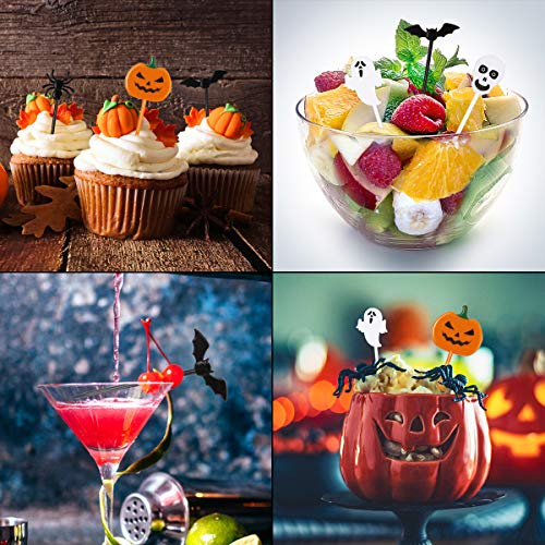 100pcs Topper de Tarta de Halloween, Topper Magdalenas Halloween Cupcake Toppers Decoración de Halloween, Adorno Murciélago Fantasma Calabaza