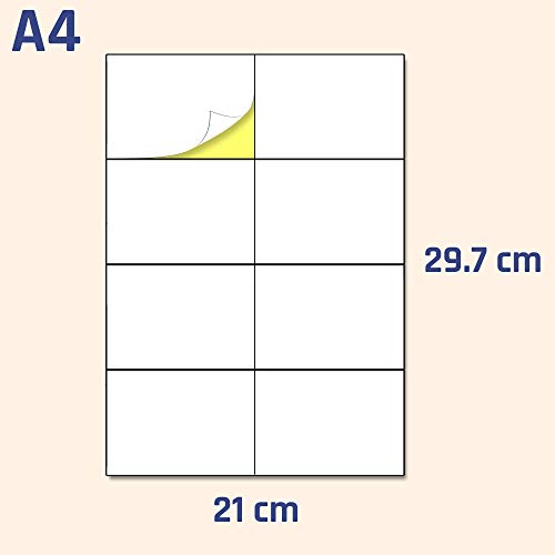 105 x 74,25 mm, 25 hojas, A4 Etiqueta Adhesiva Blanca Pegatina - 8 etiquetas por hoja