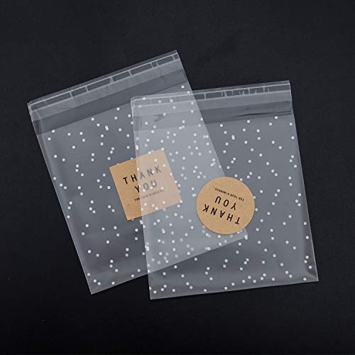 10x10+3cm Bolsas de plástico autoadhesivas para galletas (100 bolsas + 102 etiquetas de agradecimiento/Thank you), diseño de lunares, color blanco