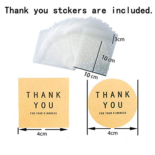10x10+3cm Bolsas de plástico autoadhesivas para galletas (100 bolsas + 102 etiquetas de agradecimiento/Thank you), diseño de lunares, color blanco