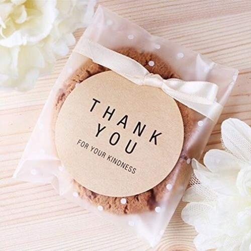10x10+3cm Bolsas de plástico autoadhesivas para galletas (100 bolsas + 102 etiquetas de agradecimiento/Thank you), diseño de lunares, color blanco