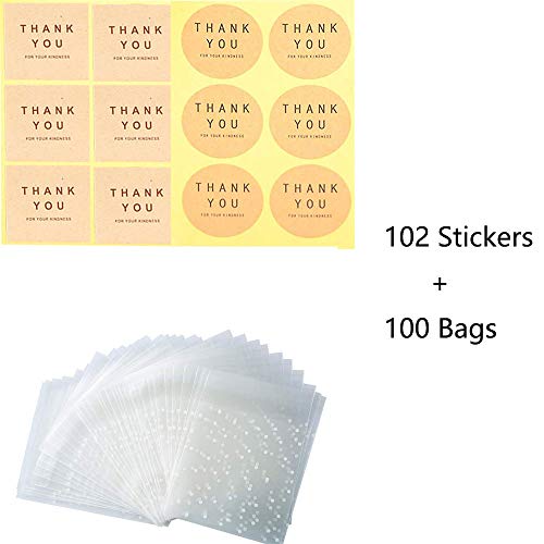 10x10+3cm Bolsas de plástico autoadhesivas para galletas (100 bolsas + 102 etiquetas de agradecimiento/Thank you), diseño de lunares, color blanco