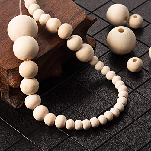 1105 Piezas de Abalorios de Madera, Juego de Cuentas de Madera Natural Redondas con 1 Rollo de Hilo Elástico de Cristal, 6 Tamaños (6 mm/ 8 mm/ 10 mm/ 12 mm/ 16 mm/ 20 mm)