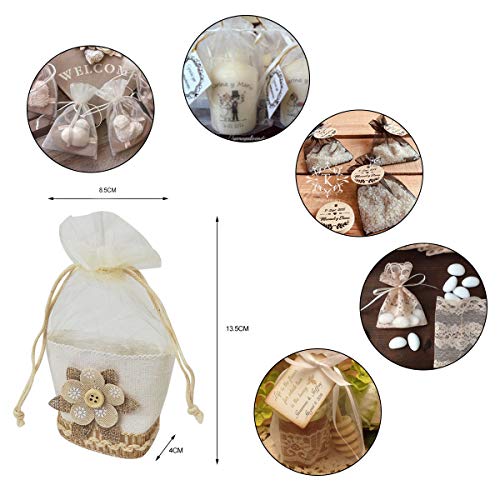 12 Bolsa de Boda,Bolsita de Boda para Arroz,Bolsita para Regalos,Bolsitas de Tela y Organza-Flores Blanco