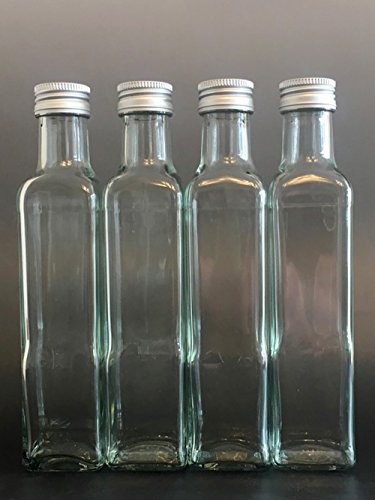 12 botellas de cristal vacías Maraska de 250 ml y ETIKETTEN para escribir, incluye tapón de rosca plateado, rectangular, para rellenar, para licor