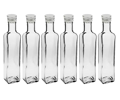 12 botellas de cristal vacías Maraska de 250 ml y ETIKETTEN para escribir, incluye tapón de rosca plateado, rectangular, para rellenar, para licor