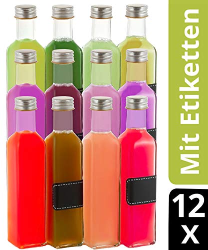 12 botellas de vidrio de 250ml cuadrados - Tapón de rosca - 12 etiquetas con bolígrafo - Botellas vacías