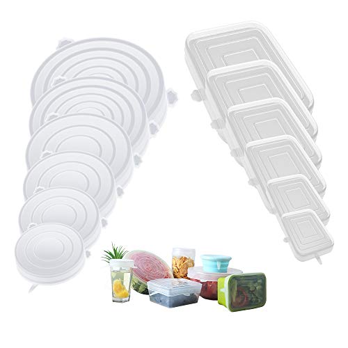 12 tapas redondas y cuadradas de silicona, sin BPA, diferentes tamaños, tapas de alimentos reutilizables para mantener la comida fresca (12 piezas cuadradas y redondas).