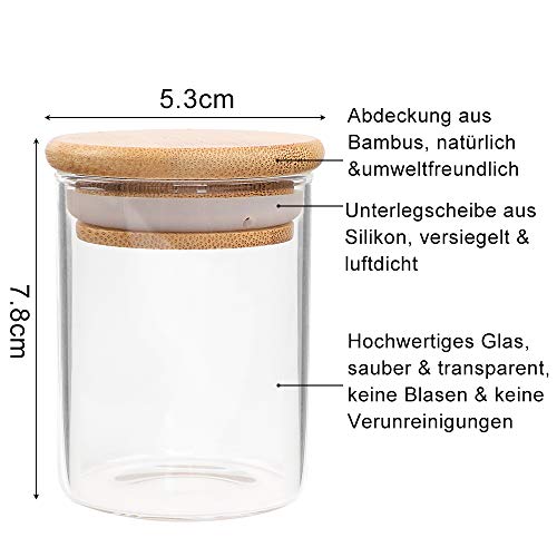 12 tarros de cristal para especias de 100 ml de CDWERD, con tapa de madera de bambú de alta calidad y 100 pegatinas cuadradas vacías para guardar teteras y especias
