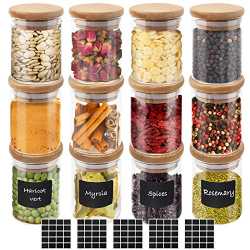 12 tarros de cristal para especias de 100 ml de CDWERD, con tapa de madera de bambú de alta calidad y 100 pegatinas cuadradas vacías para guardar teteras y especias