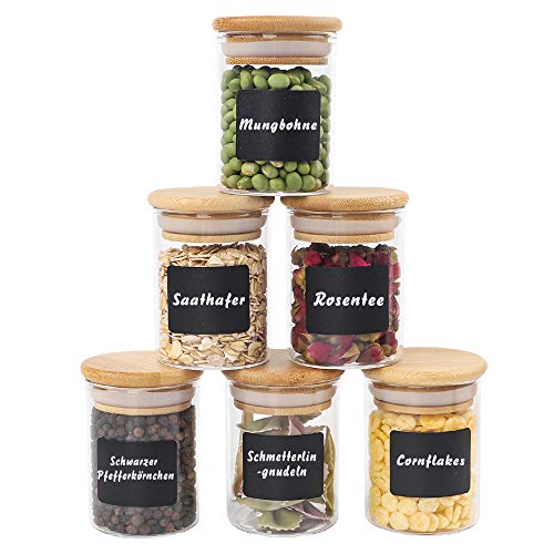 12 tarros de cristal para especias de 100 ml de CDWERD, con tapa de madera de bambú de alta calidad y 100 pegatinas cuadradas vacías para guardar teteras y especias