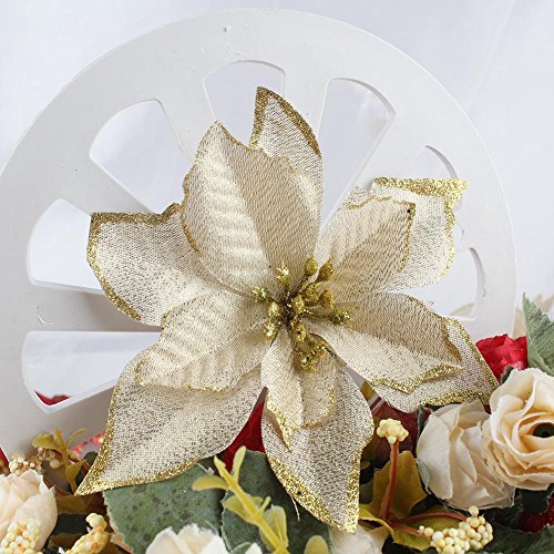 12 unidades de flores de Pascua de purpurina AmaJOY, adorno para árbol de Navidad, artificial, para podas, flores de Navidad, para hacer coronas decorativas, 14 cm 