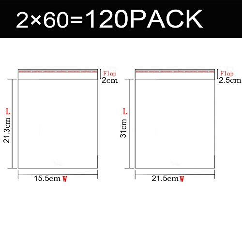 [120 unidades] 15.5 x 24cm y 21.5 x 33cm Combinación A4 A5 Sellado Transparente Bolsas autoadhesivas OPP Bolsas de celofán Bolsa de plástico duraderas pan galleta caramelo Navidad decoración Bolso