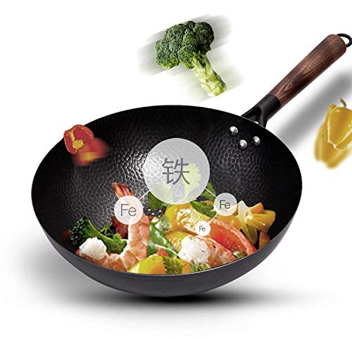 12.5" / 32cm de acero al carbono Stir Fry Pan Con desmontable de madera de acero al carbono Wok manija fondo redondo chino Woks for el gas de inducción eléctrica Estufas Horno Caja de seguridad