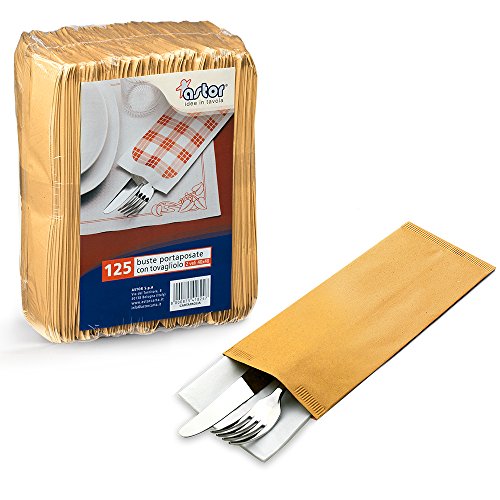 125 bolsas para cubiertos, de papel de estraza para uso alimentario, de 10 x 25 cm, con servilleta de papel de 40 x 40 cm, ideales para aperitivos y cenas (100)
