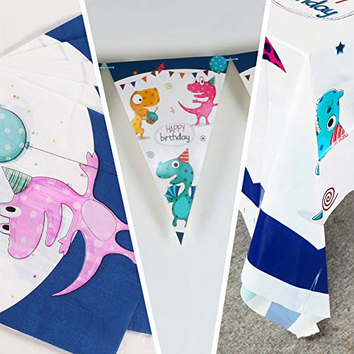130 Piezas Dinosaurio Decoración de fiesta - Cumpleaños Bandera, Desechable Papel Platos, Vasos, Servilletas, Pajitas, Mantel, Utensilios, Vajilla Kit para Niños Cumpleaños - Servir 16 Invitados