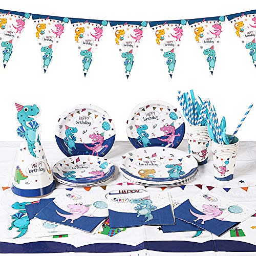 130 Piezas Dinosaurio Decoración de fiesta - Cumpleaños Bandera, Desechable Papel Platos, Vasos, Servilletas, Pajitas, Mantel, Utensilios, Vajilla Kit para Niños Cumpleaños - Servir 16 Invitados