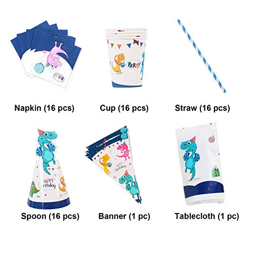130 Piezas Dinosaurio Decoración de fiesta - Cumpleaños Bandera, Desechable Papel Platos, Vasos, Servilletas, Pajitas, Mantel, Utensilios, Vajilla Kit para Niños Cumpleaños - Servir 16 Invitados