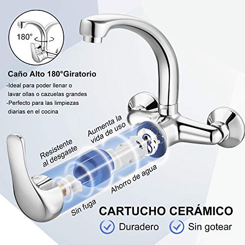 1,4kg Hapilife Grifo Cocina Pared Monomando Mezclador, Caño Giratorio Vertical, Latón Plateado, Medida Estándar, 10 Años Garantía