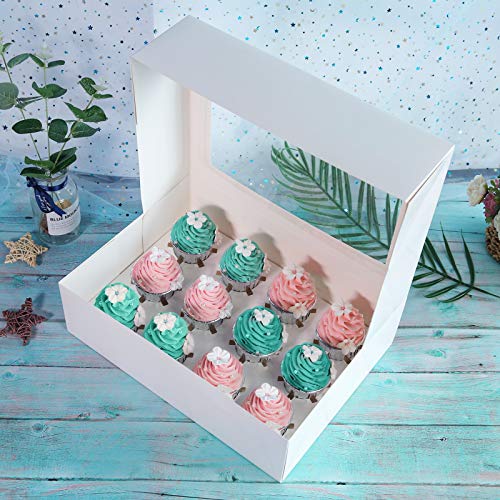 15 cajas para magdalenas blancas, 12 soportes, One MORE para portarrollos de tartas de grado alimentario, 35 x 24 x 10 cm, con inserciones y ventanas de PVC para 12 magdalenas o magdalenas de cavidad