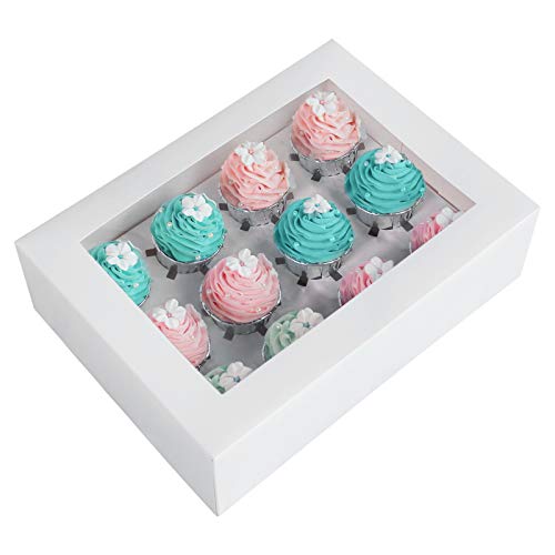 15 cajas para magdalenas blancas, 12 soportes, One MORE para portarrollos de tartas de grado alimentario, 35 x 24 x 10 cm, con inserciones y ventanas de PVC para 12 magdalenas o magdalenas de cavidad